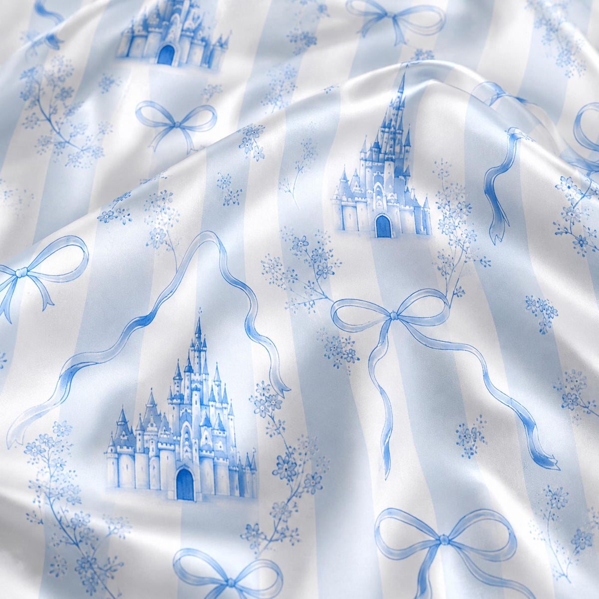 Blue Fairytale Castle Satin Pajama Set with Bows for Cozy Sleepwear