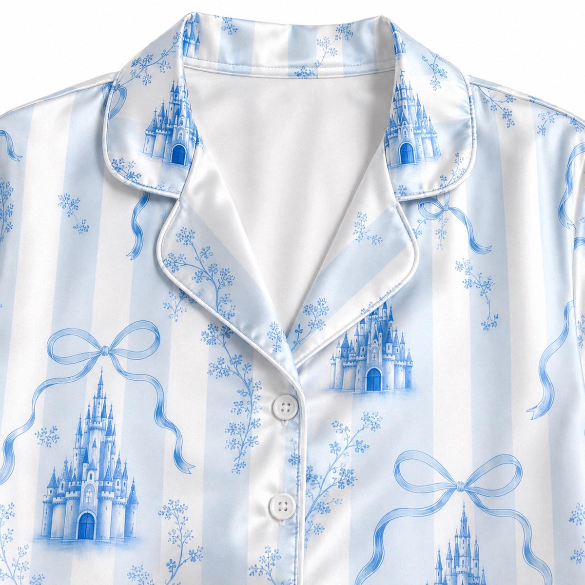 Blue Fairytale Castle Satin Pajama Set with Bows for Cozy Sleepwear