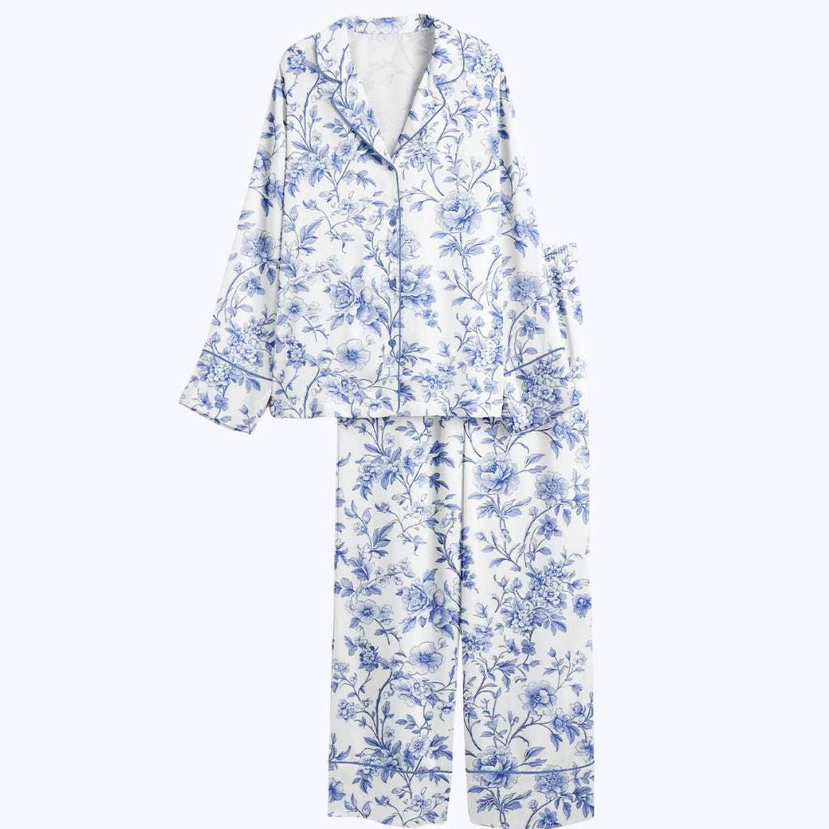 Blue Floral Pajama Set – Botanical Print Sleepwear for Bridesmaid Gift