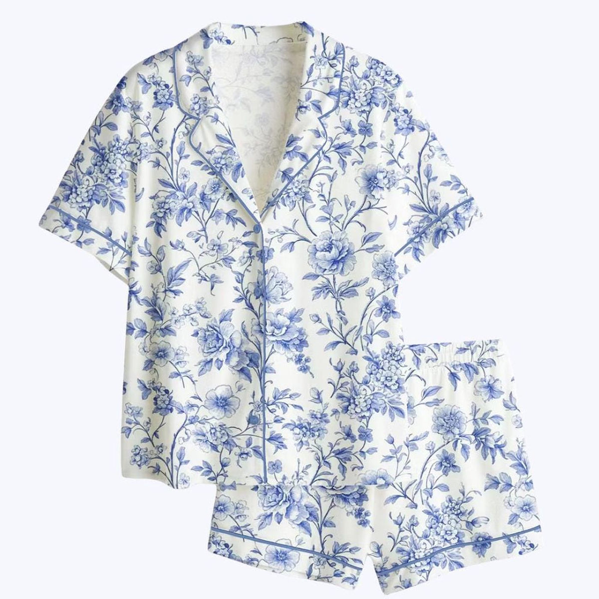 Blue Floral Pajama Set – Botanical Print Sleepwear for Bridesmaid Gift