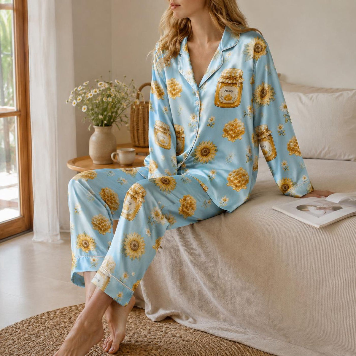 Blue Honey Satin Pajama Set with Sunflower Honey Jar - Cozy Sleepwear with Bee-Inspired Botanical Pattern