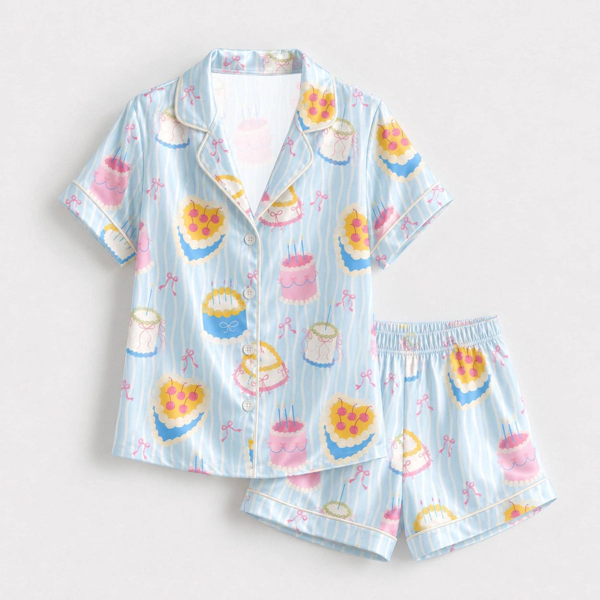 Blue Satin Cake Pajama Apparel: Pink Stripe Short Sleeve Sleepwear Collection
