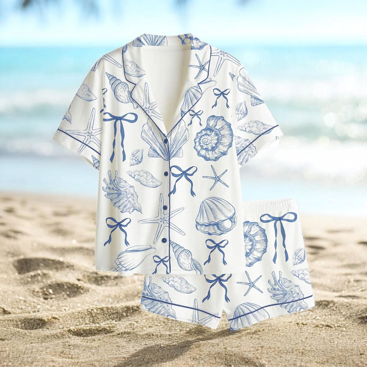 Blue Seashell Women Pajama Set - Coastal Beach Sleepwear for Ocean Lovers - Summer Vacation Lounge Set