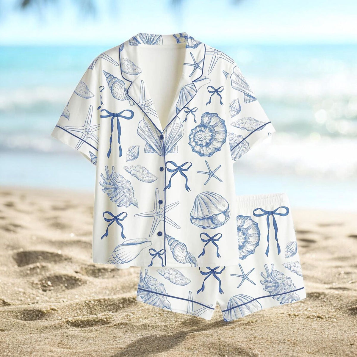 Blue Seashell Women Pajama Set: Coastal Beach Sleepwear & Ocean Lover Gift