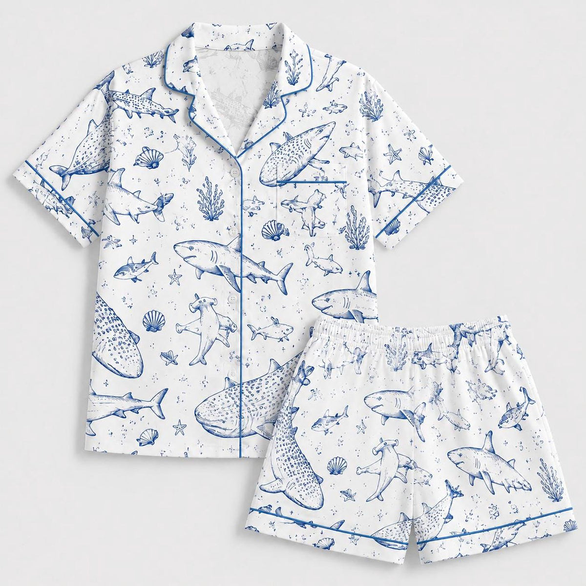 Blue Toile Shark Pajama Set - Ocean Life Loungewear for Kids