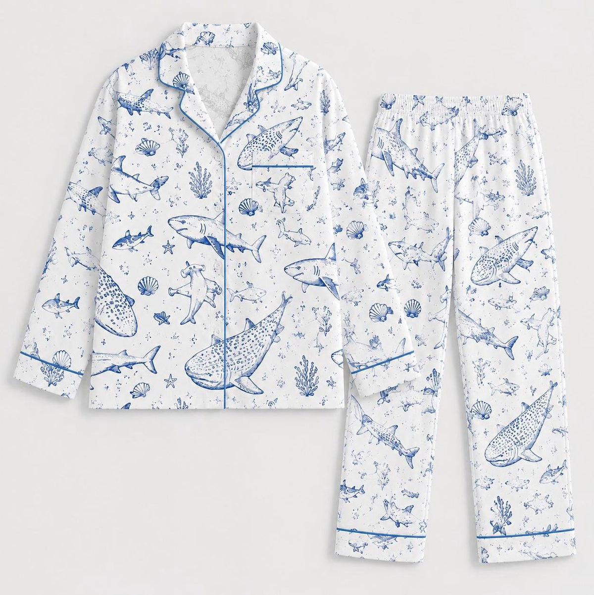 Blue Toile Shark Pajama Set: Ocean Life Loungewear for Kids