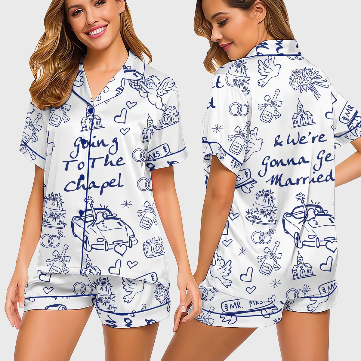 Blue Toile Wedding Pajamas: Bridal Morning Short PJs for Honeymoon Sleepwear