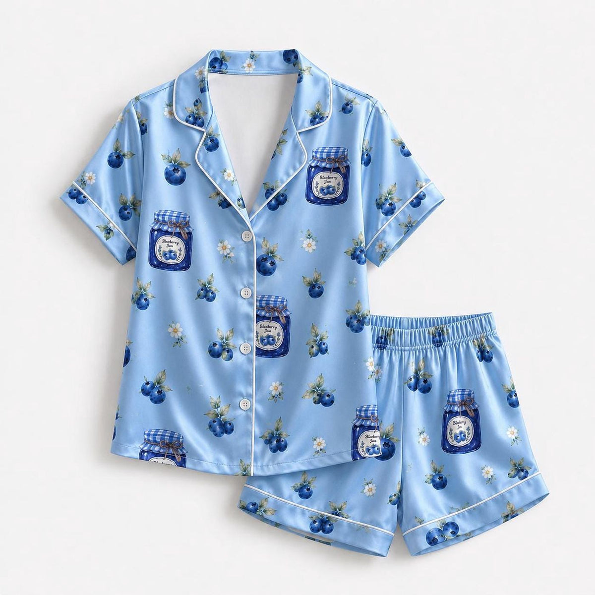 Blueberry Satin Pajama Set with Berry Preserve Jars: Cozy Sleepwear with Botanical Pattern
