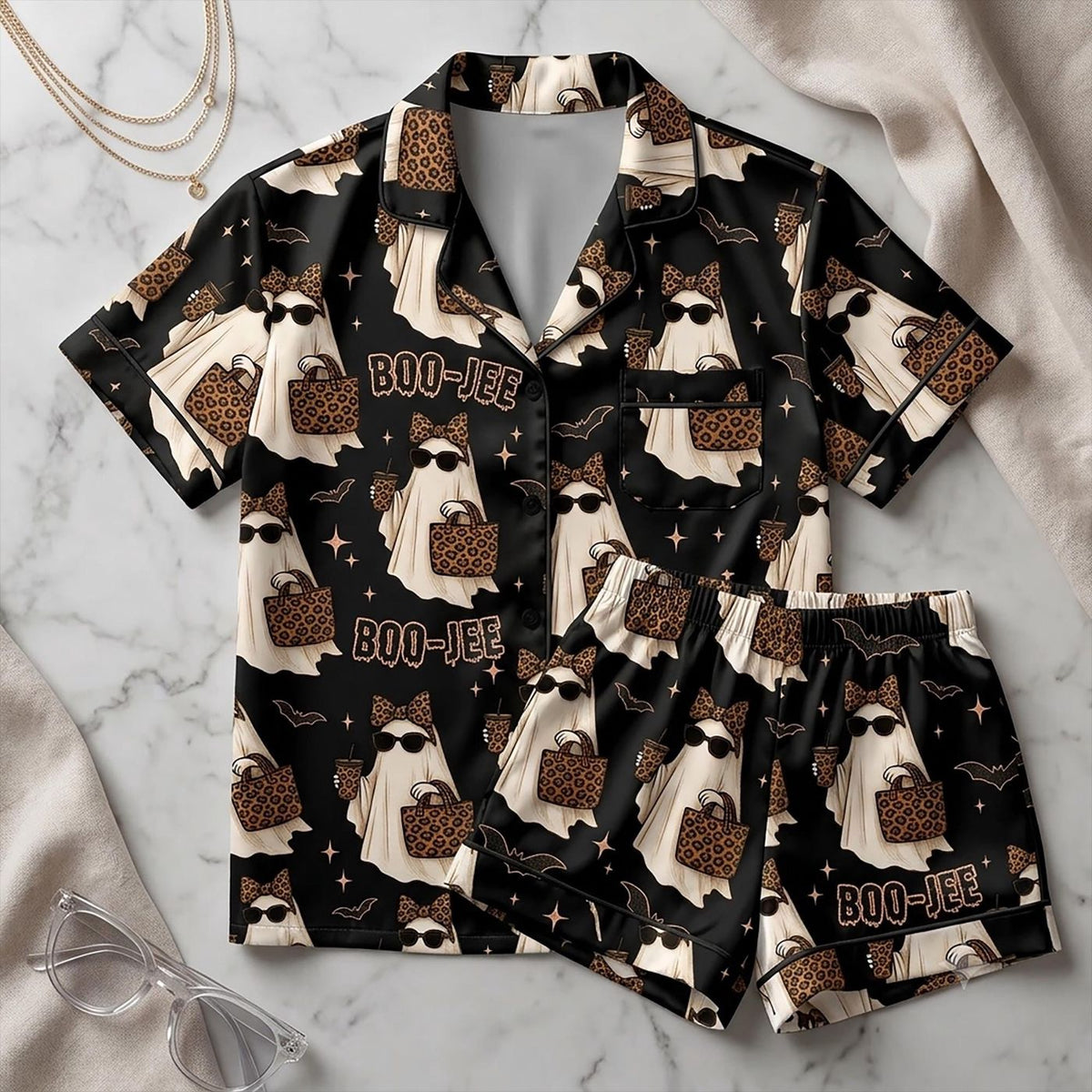 Boo-Jee Spooky Coffee PJs: Aesthetic Leopard Bow Sleepwear Set Perfect Spooky Season Gifts for Women
