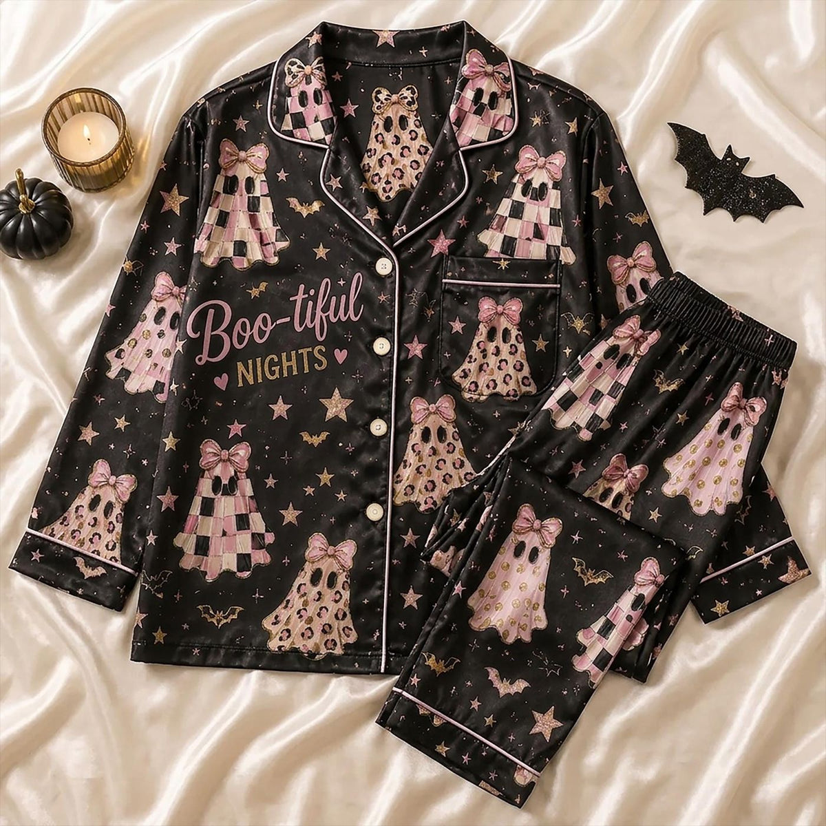 Boo-tiful Nights Pajamas Set: Trendy Leopard Print Ghost Pyjamas - Perfect Spooky Season Gift For Her