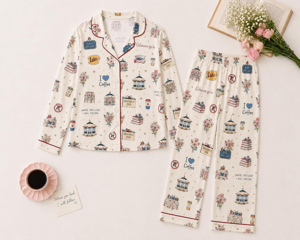 Vintage Floral Book Lover Pajama Set - Cozy Coffee Sleepwear for Women