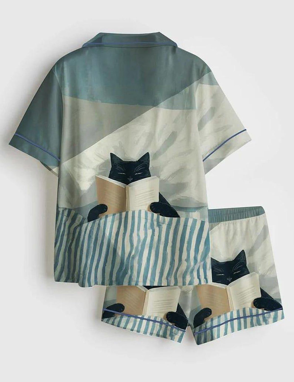 Book Lover Pajama Set Women Reading Cat Cozy Short Sleeve