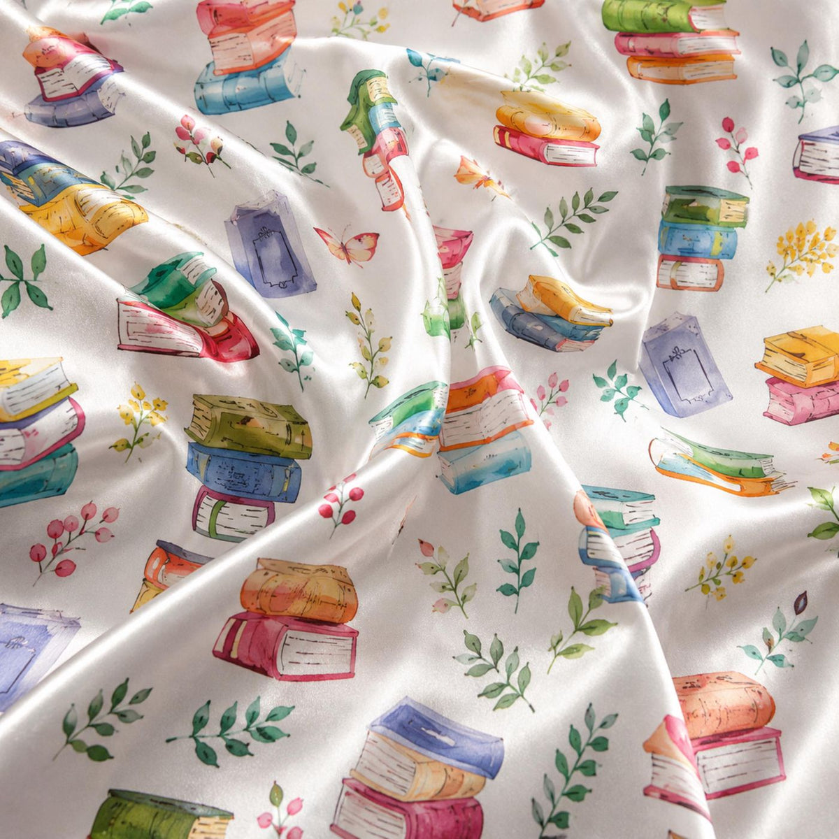 Cozy Book Lover Satin Pajama Set with Stacked Books & Tea Cup Pattern for Stylish Sleepwear