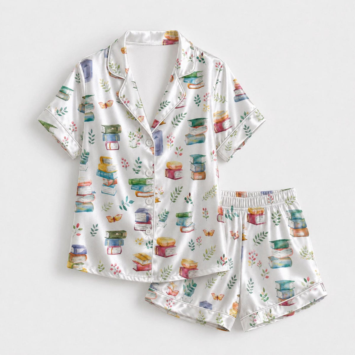 Cozy Book Lover Satin Pajama Set with Stacked Books & Tea Cup Pattern for Stylish Sleepwear