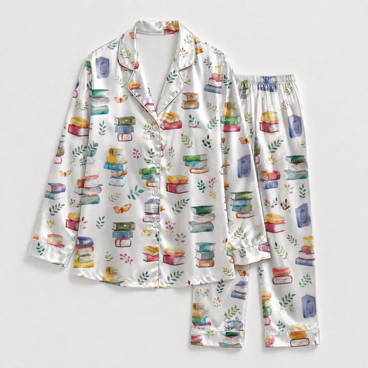 Cozy Book Lover Satin Pajama Set with Stacked Books & Tea Cup Pattern for Stylish Sleepwear