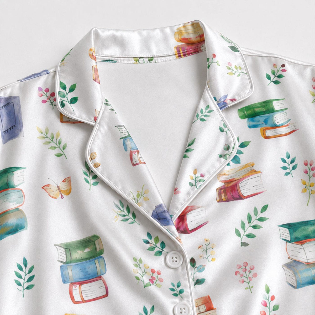 Cozy Book Lover Satin Pajama Set with Stacked Books & Tea Cup Pattern for Stylish Sleepwear