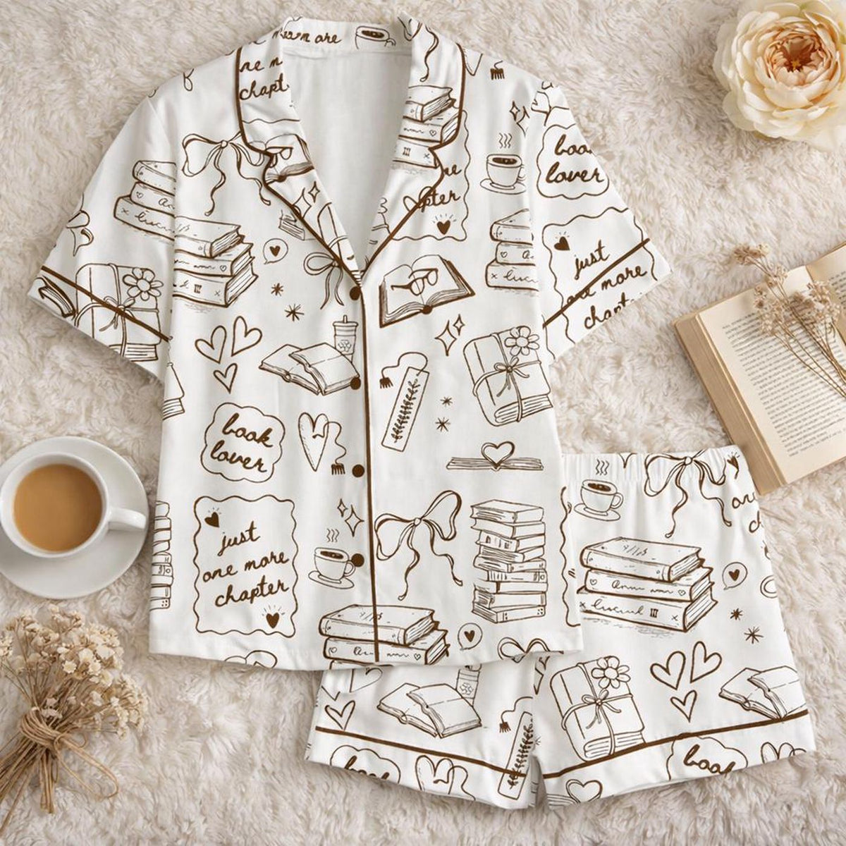 Book Lover Satin Pajamas Set for Women, Just One More Chapter Sleepwear, Cute Reading Pajamas, Short Sleeve Button Down PJs