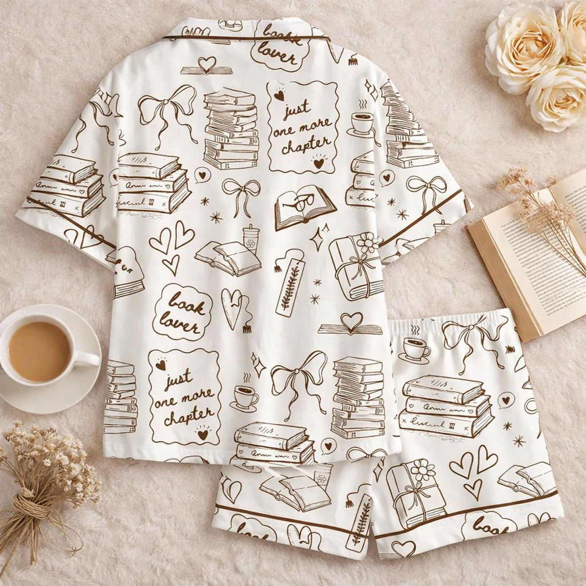Women s Book Lover Satin Pajamas Set: Cute Reading Sleepwear with Short Sleeves and Button Down - Just One More Chapter PJs