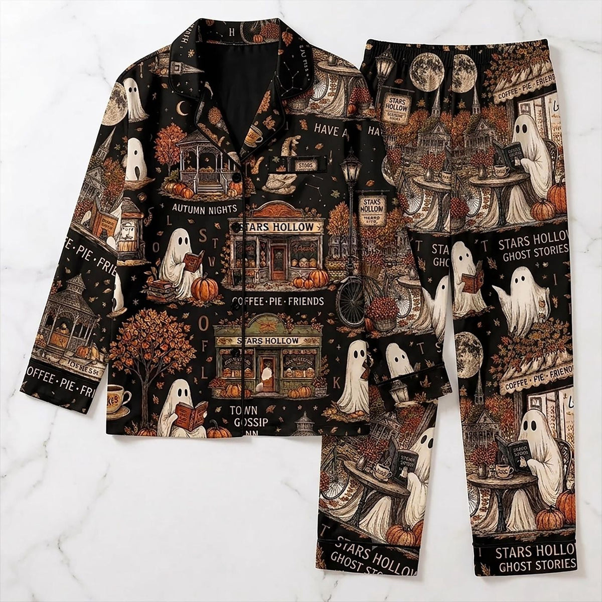 Cozy Bookish Coffee Lover Pajamas & Elegant Black Satin Autumn Sleepwear Set