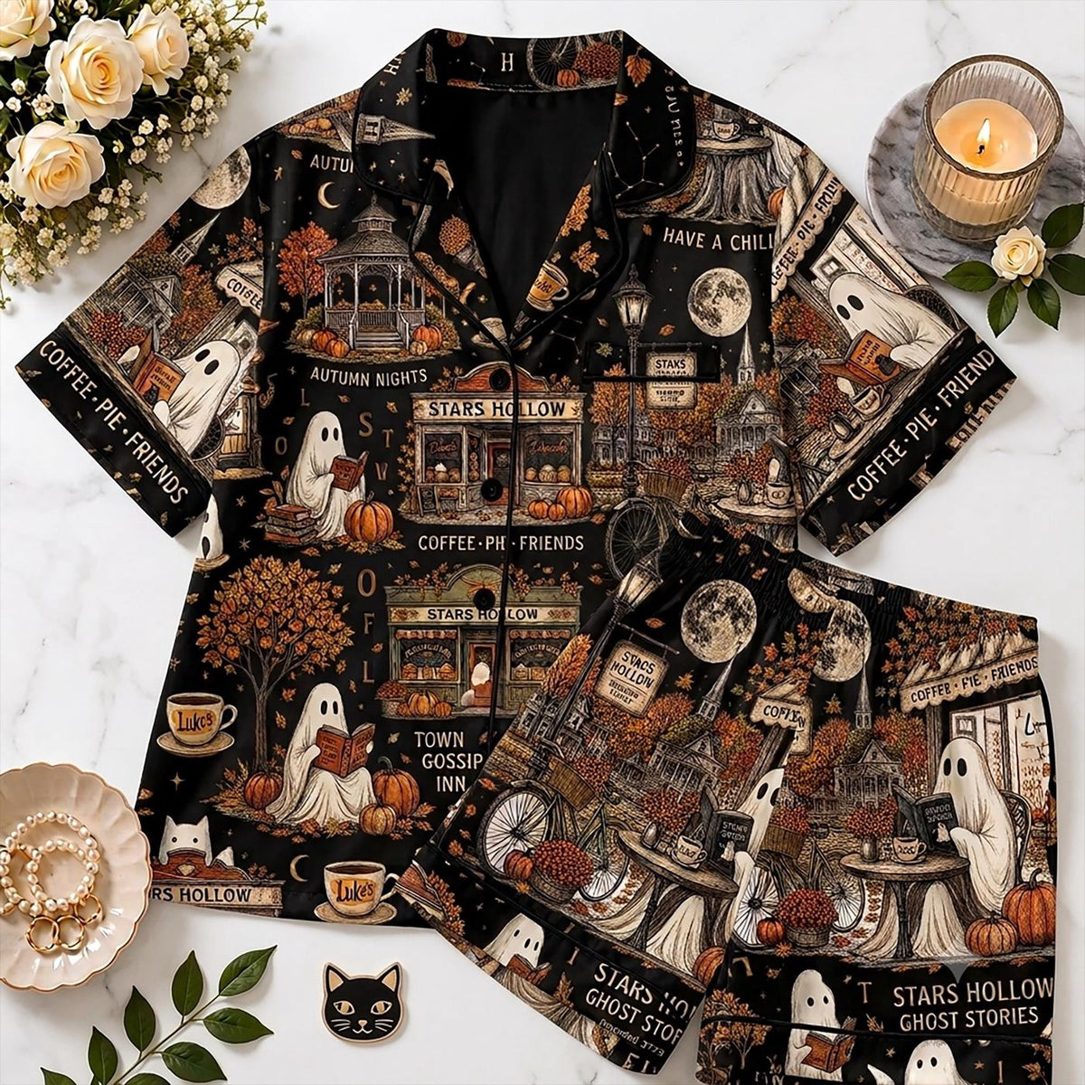 Bookish Coffee Lover Pajamas: Aesthetic Autumn Sleepwear Set
