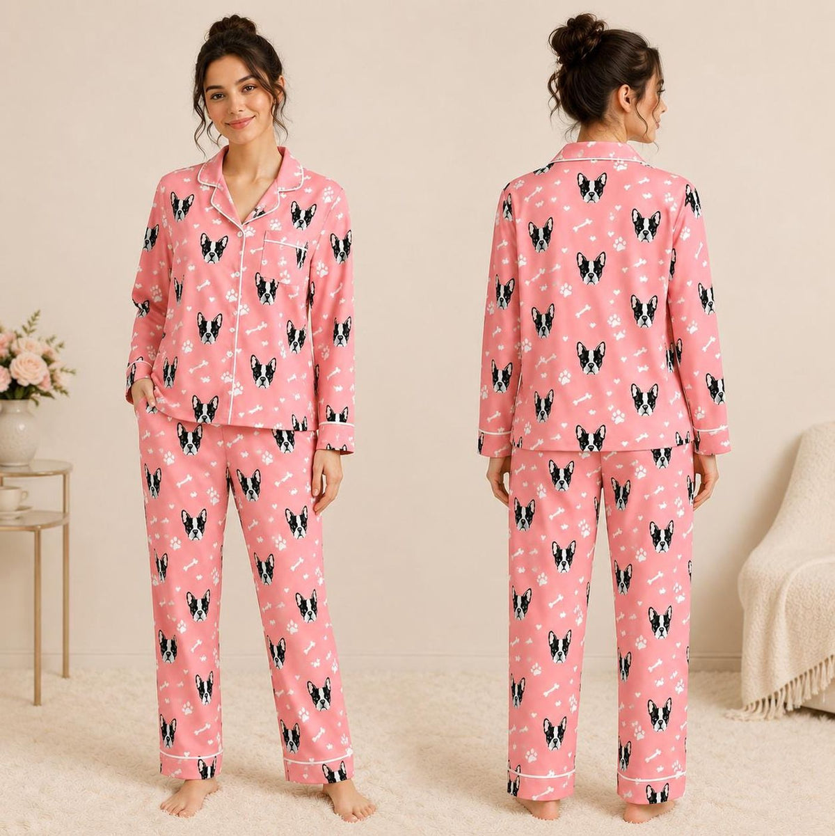 Adorable Boston Terrier Pajamas: Paw Print Puppy Sleep Set Perfect Dog Mom Gift