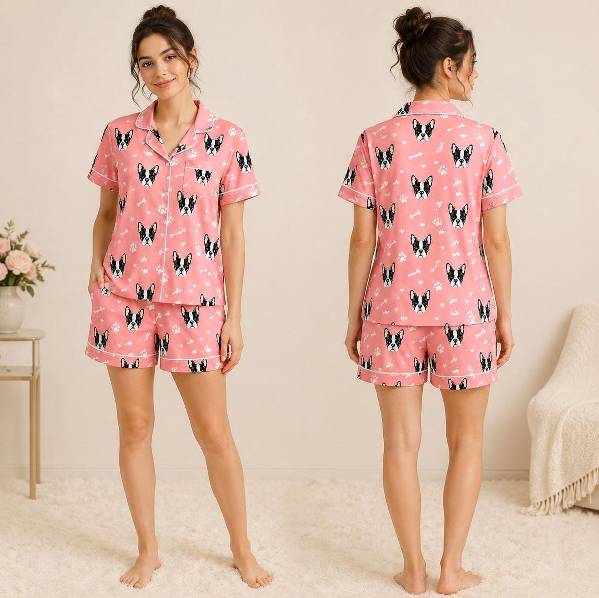 Adorable Boston Terrier Pajamas: Paw Print Puppy Sleep Set Perfect Dog Mom Gift