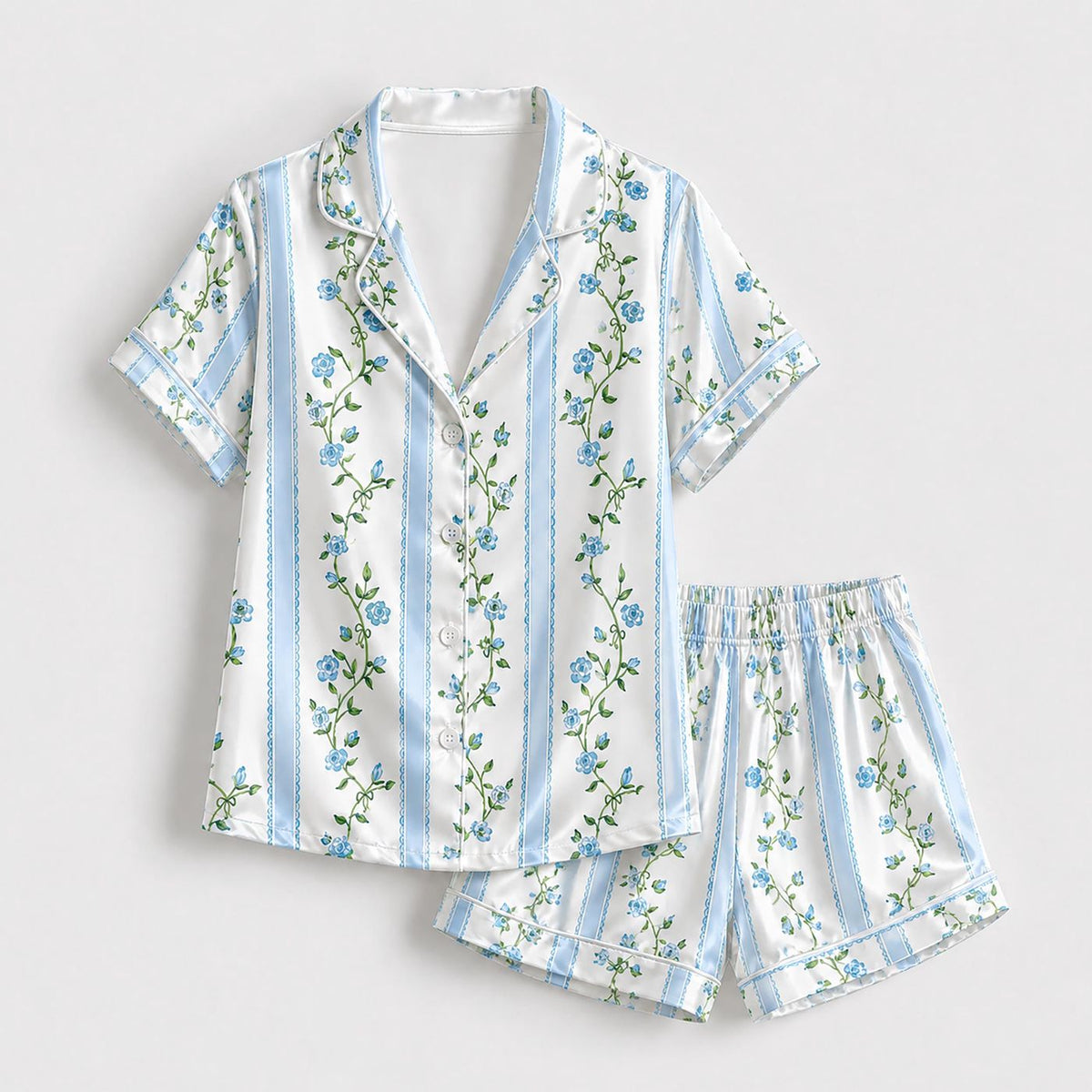 Botanical Floral Vine Satin Pajama Set w Classic Stripe Pattern - Cozy Everyday Sleepwear