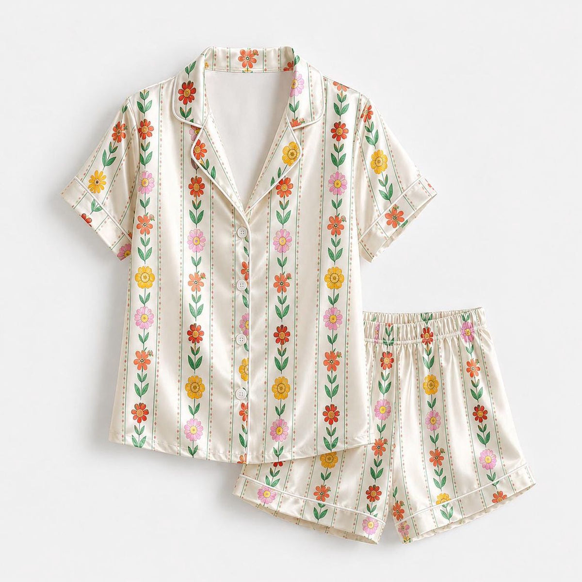 Premium Organic Silk Botanical Garden Print Pajama Set with Delicate Floral Motifs