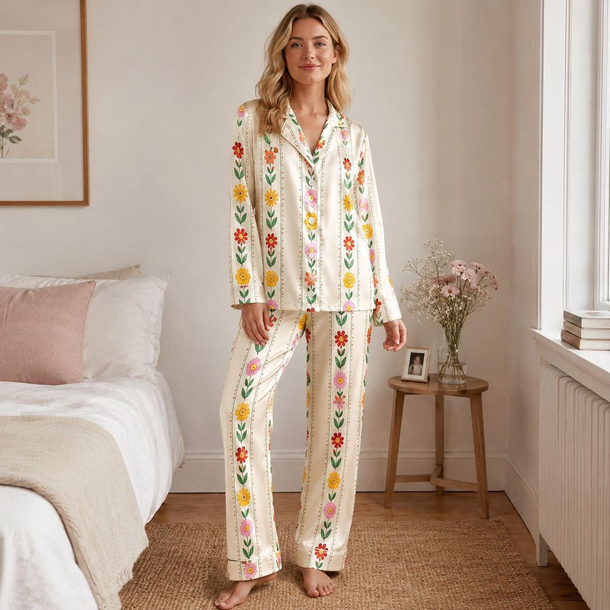 Premium Organic Silk Botanical Garden Print Pajama Set with Delicate Floral Motifs
