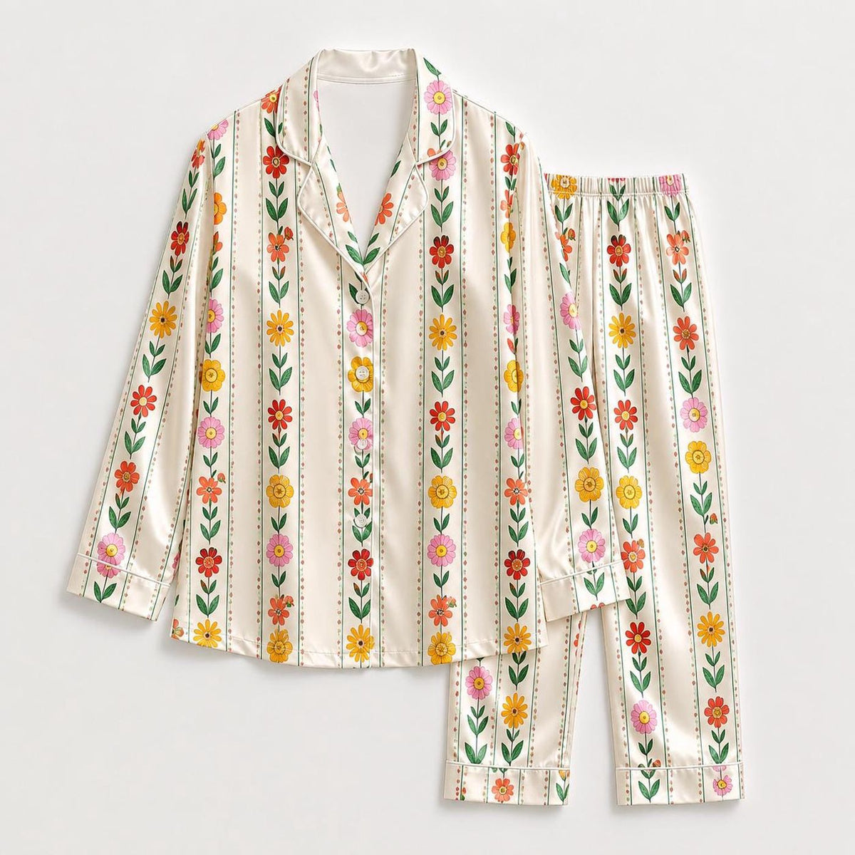 Premium Organic Silk Botanical Garden Print Pajama Set with Delicate Floral Motifs