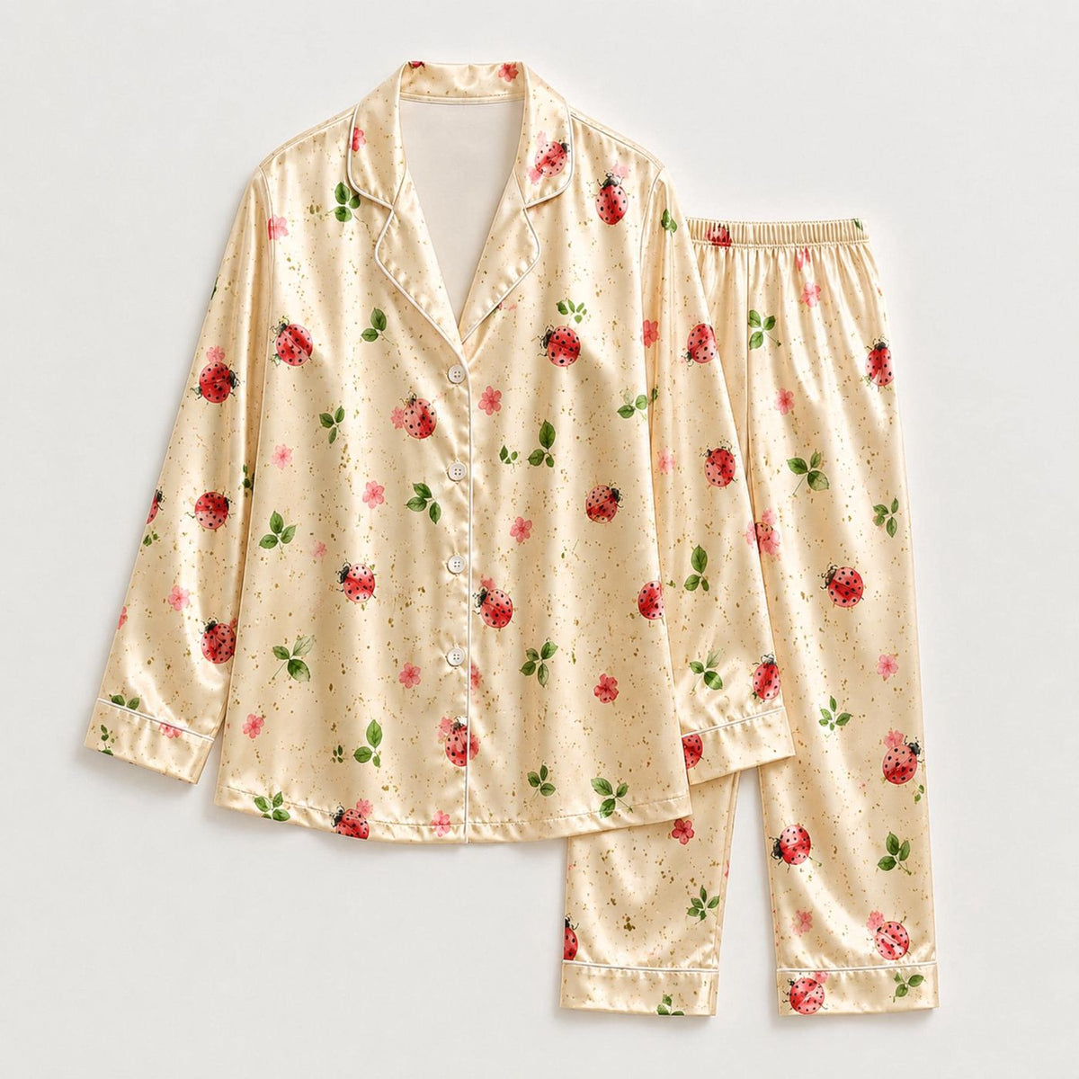 Botanical Ladybugs Print Pajama Set Relaxed Fit & Soft Comfort