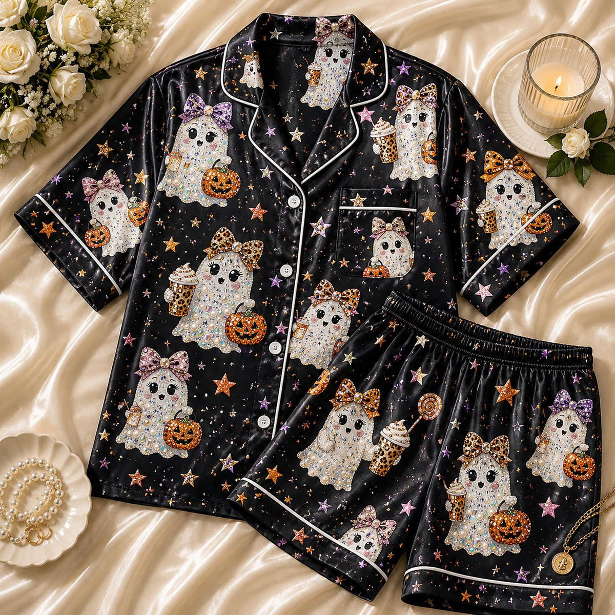 Boujee Boo Custom Pajamas: Rhinestone Ghost Sleepwear Set Spooky Season Gifts For Her