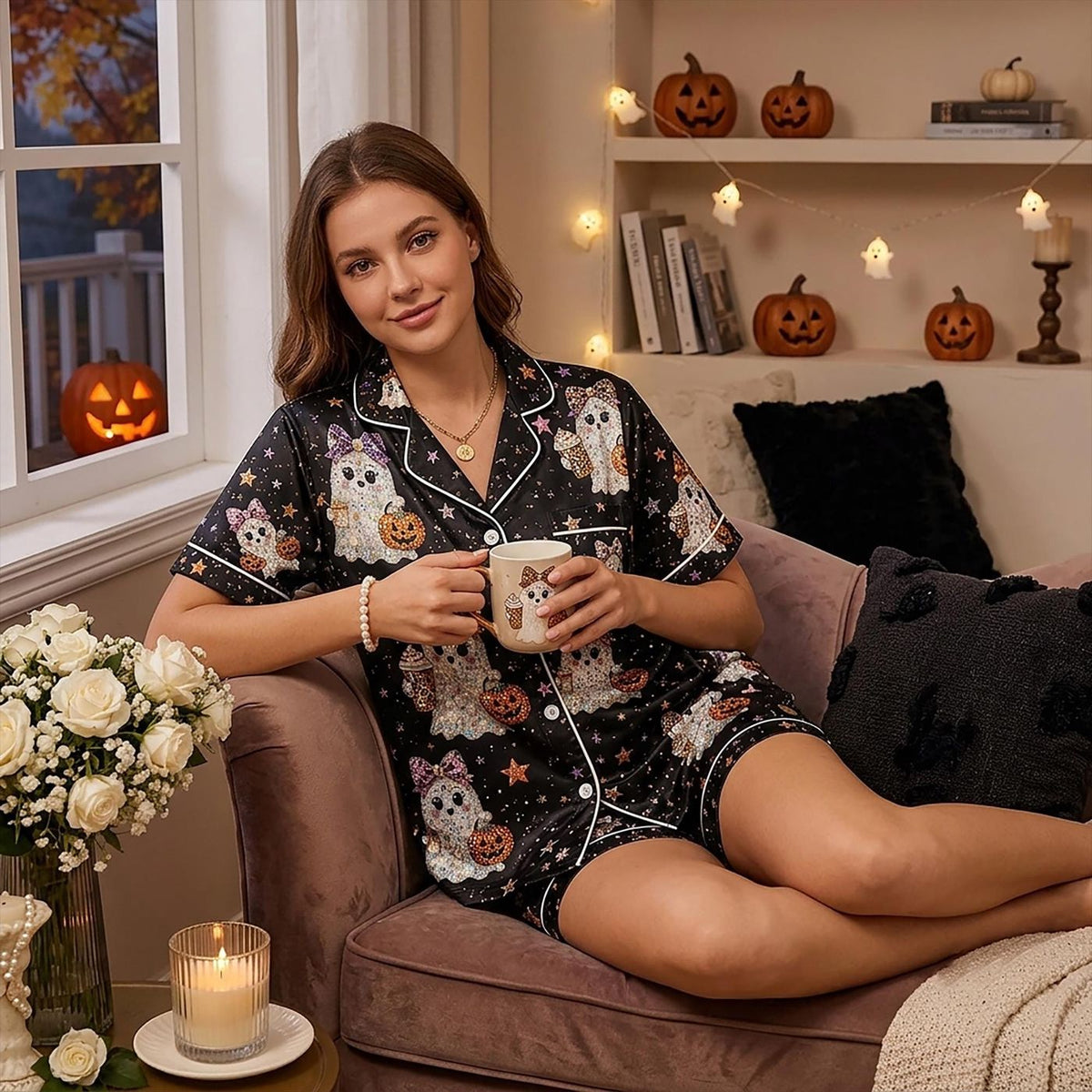 Boujee Boo Custom Pajamas: Rhinestone Ghost Sleepwear Set Spooky Season Gifts For Her
