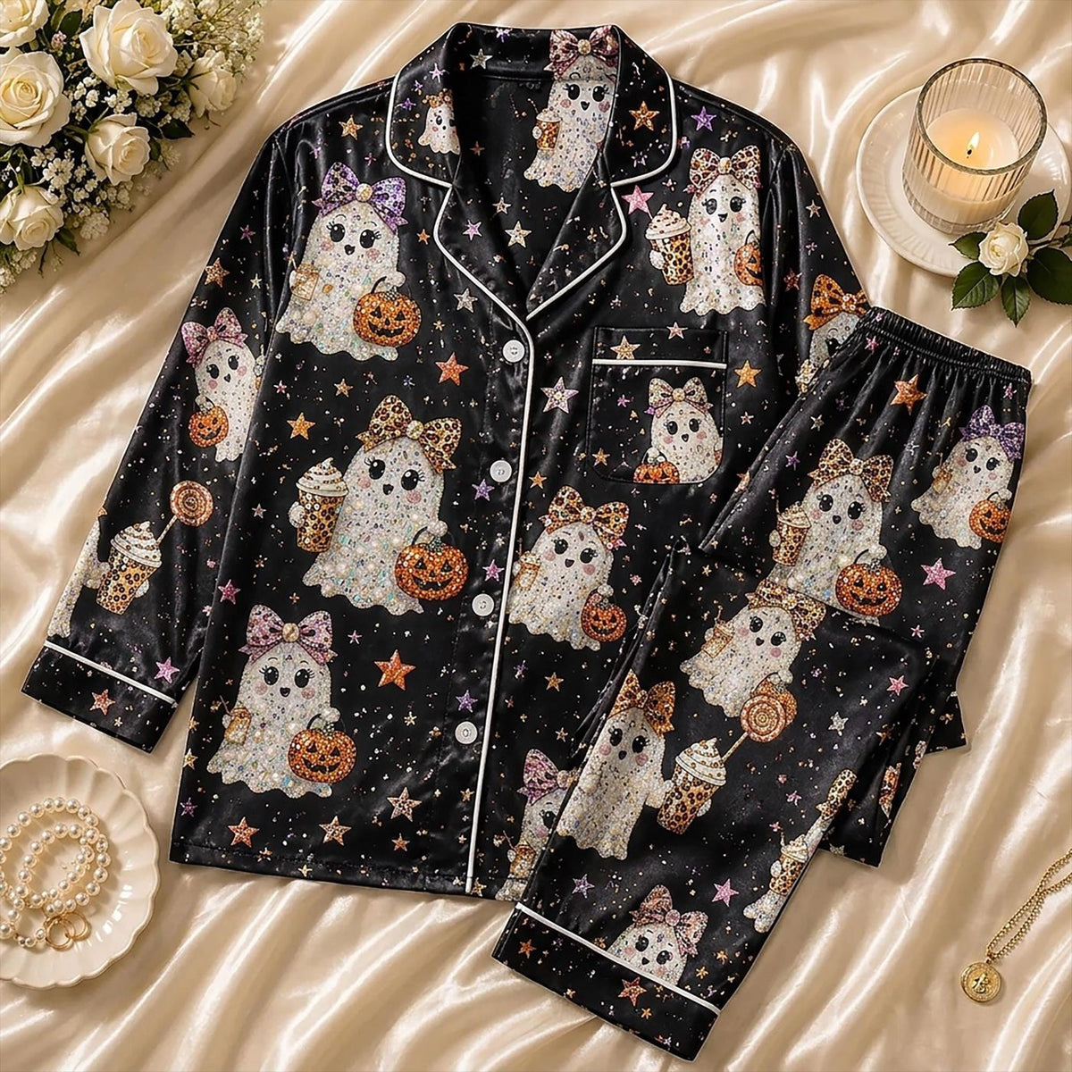 Boujee Boo Custom Pajamas: Rhinestone Ghost Sleepwear Set Spooky Season Gifts For Her