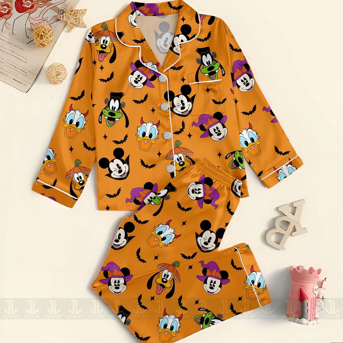 Bright Orange Halloween Kids Youth Satin Pajama Set Mouse Friends Spooky Sleepwear Cute Pumpkin Witch Characters Loungewear