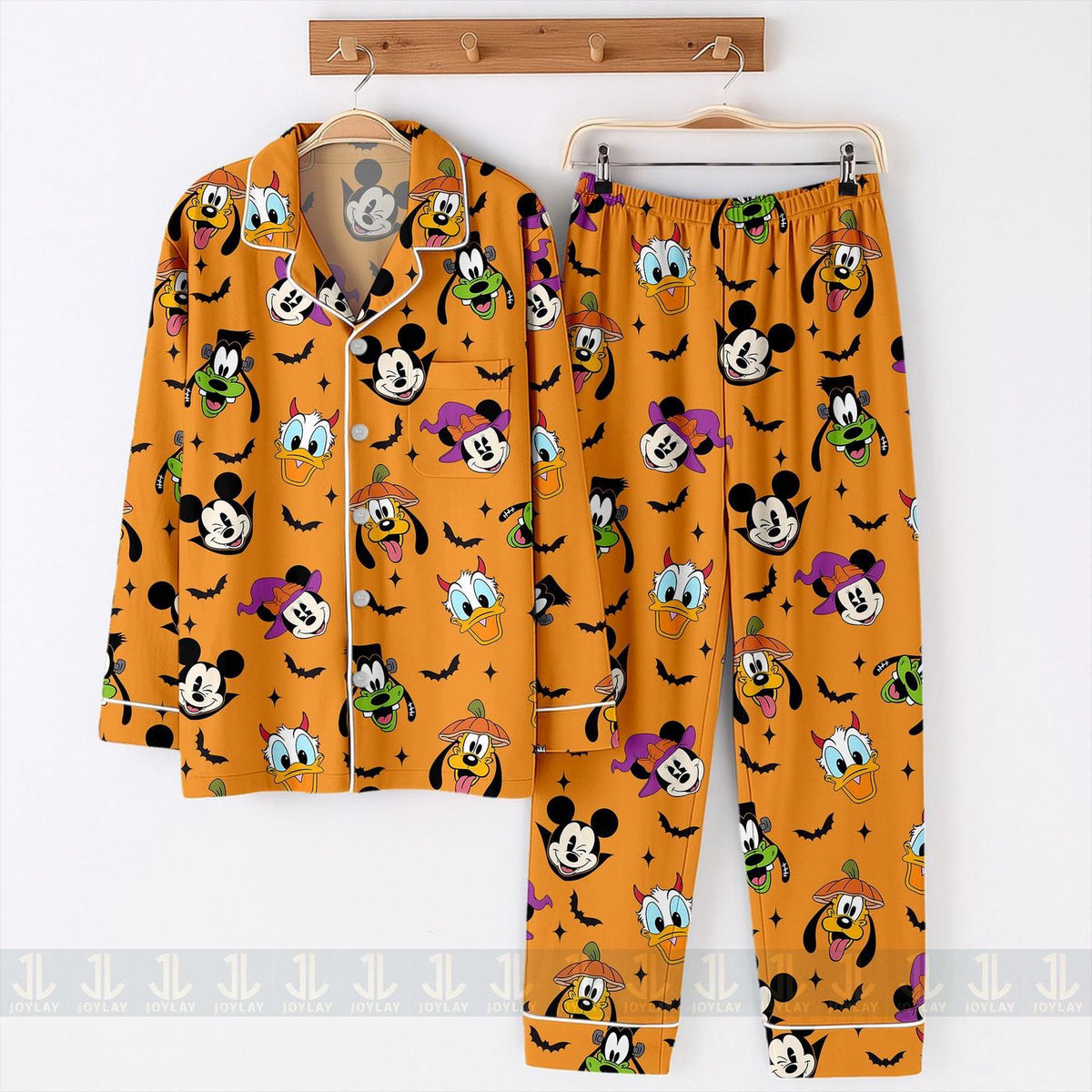 Bright Orange Halloween Kids Youth Satin Pajama Set Mouse Friends Spooky Sleepwear Cute Pumpkin Witch Characters Loungewear