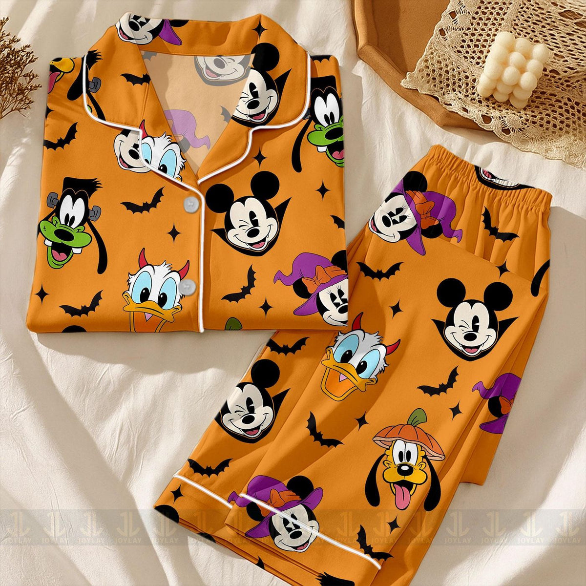 Bright Orange Halloween Kids Youth Satin Pajama Set Mouse Friends Spooky Sleepwear Cute Pumpkin Witch Characters Loungewear