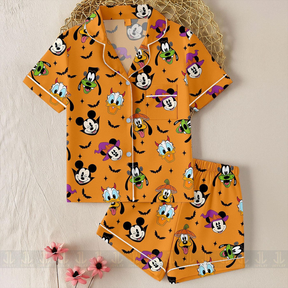 Bright Orange Halloween Kids Youth Satin Pajama Set Mouse Friends Spooky Sleepwear Cute Pumpkin Witch Characters Loungewear