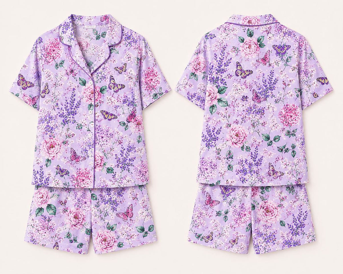Women s Butterfly Floral Pajamas Set - Lavender Pink Cozy Sleepwear Short & Long PJ