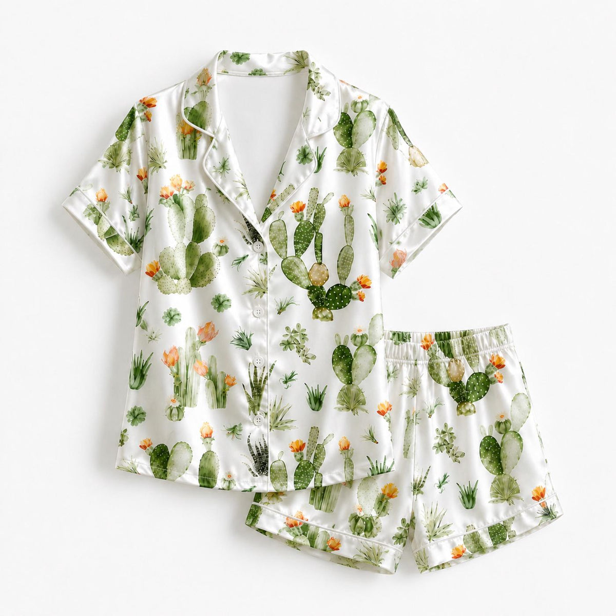 Cactus Botanical Satin Pajama Set with Succulent and Wildflower Pattern