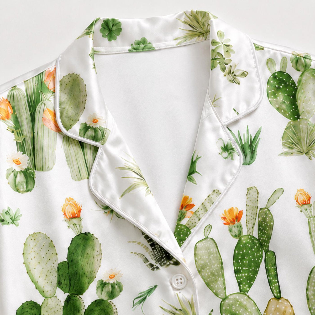 Cactus Botanical Satin Pajama Set with Succulent and Wildflower Pattern