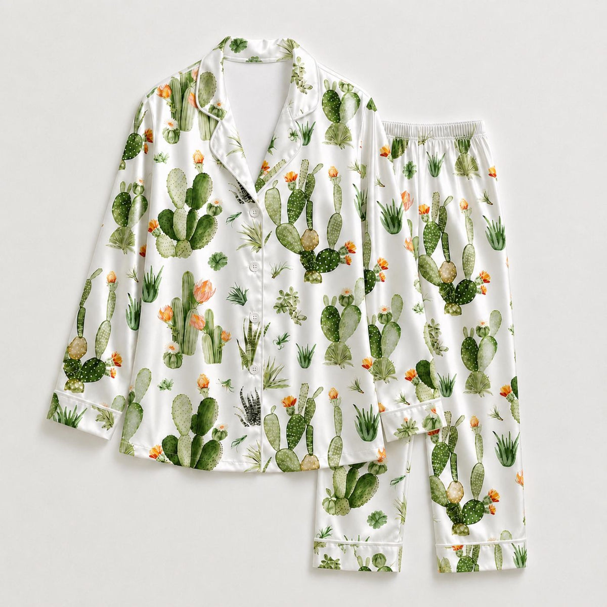 Cactus Botanical Satin Pajama Set with Succulent and Wildflower Pattern