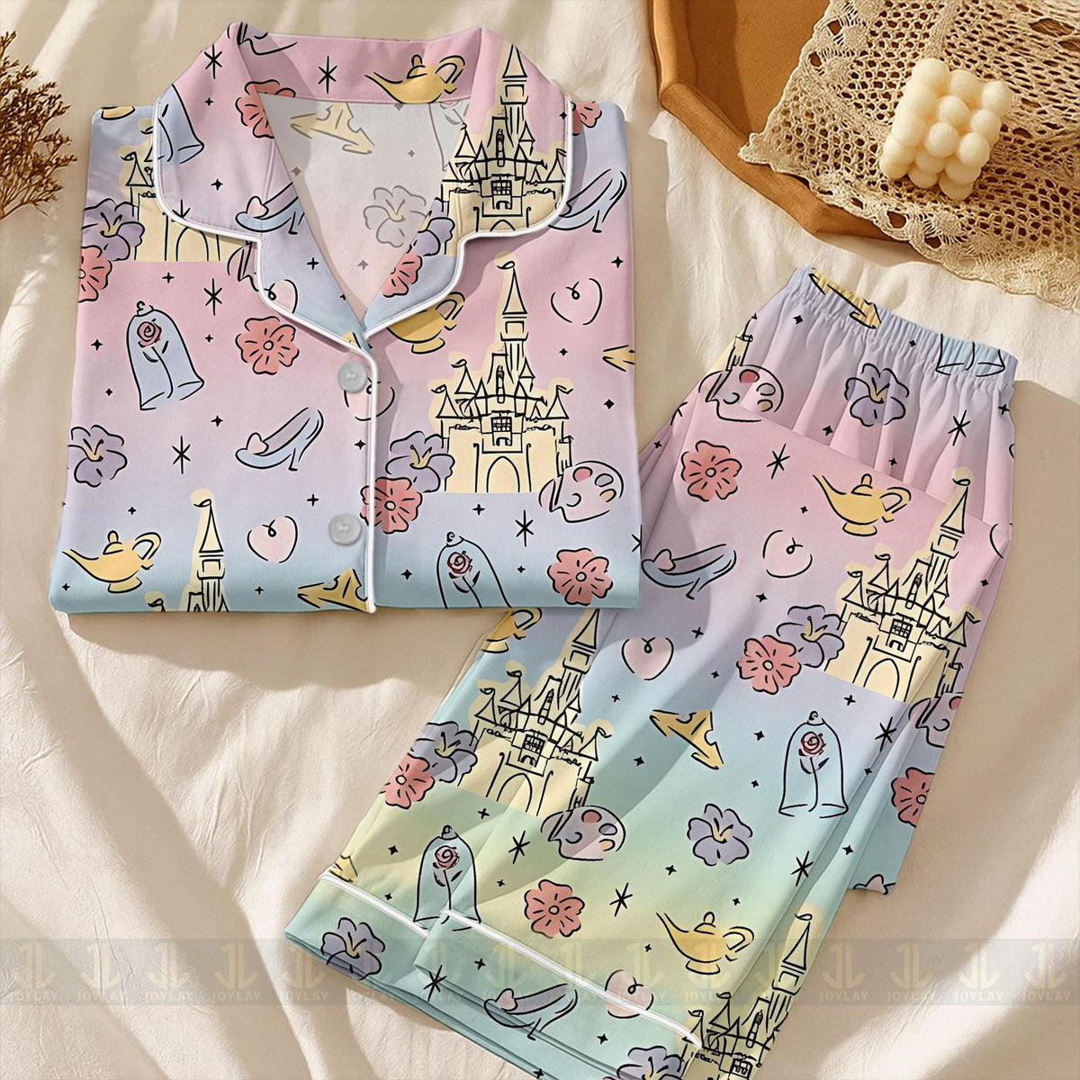 Castle Princess Belle Jasmine Pastel Pajamas Set Unisex Long Short