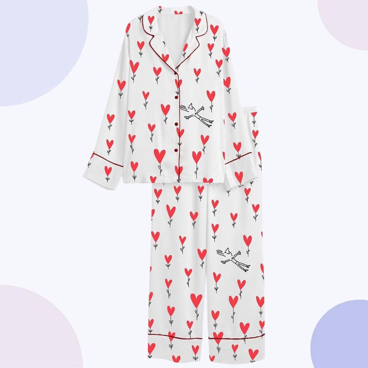 Whimsical Cat Heart Print Pajama Set for Valentine s - Women s Sleepwear