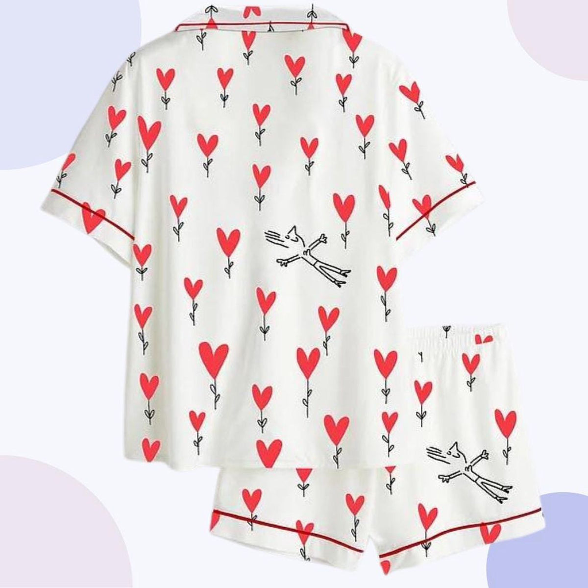 Whimsical Cat Heart Print Pajama Set for Valentine s - Women s Sleepwear