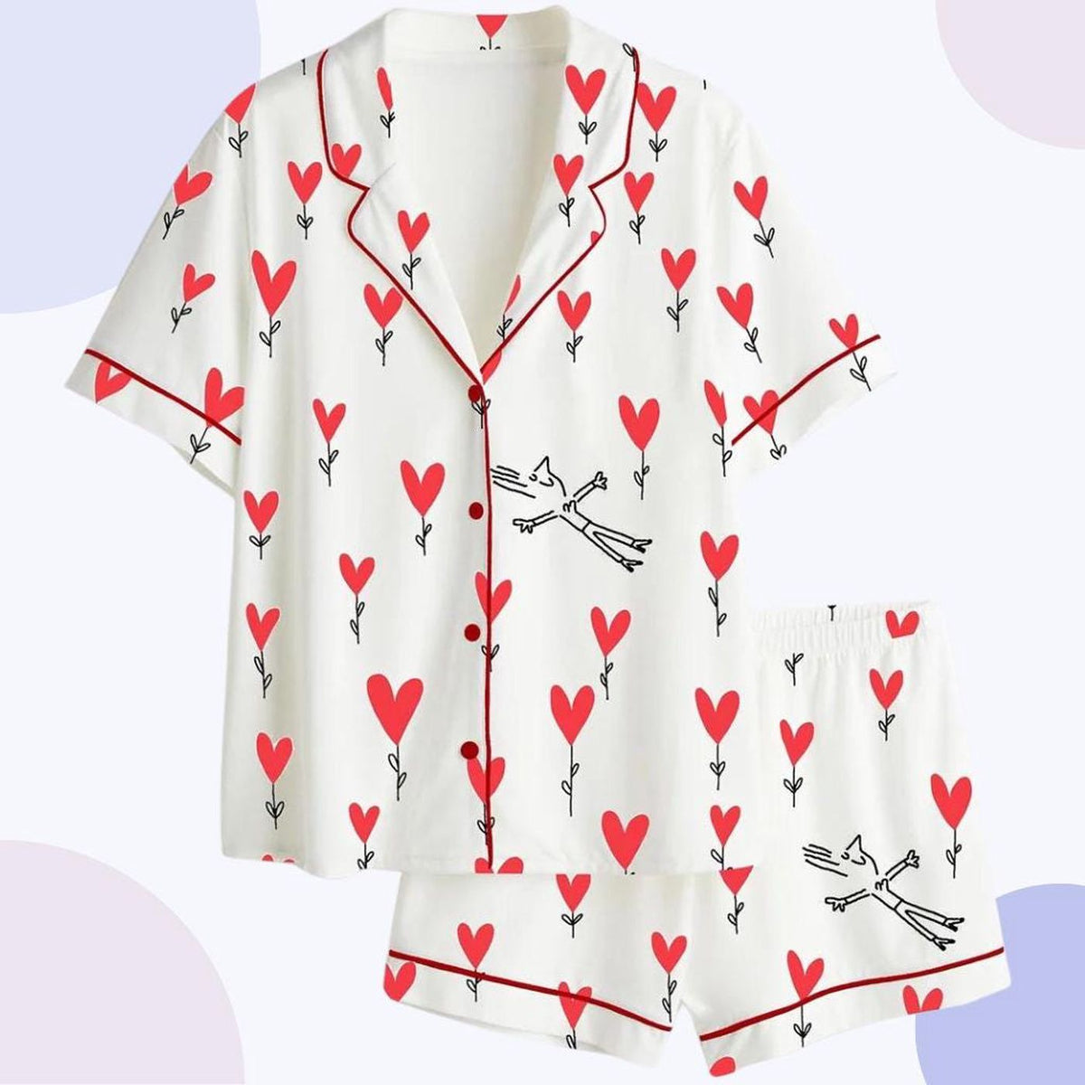 Whimsical Cat Heart Print Pajama Set for Valentine s - Women s Sleepwear