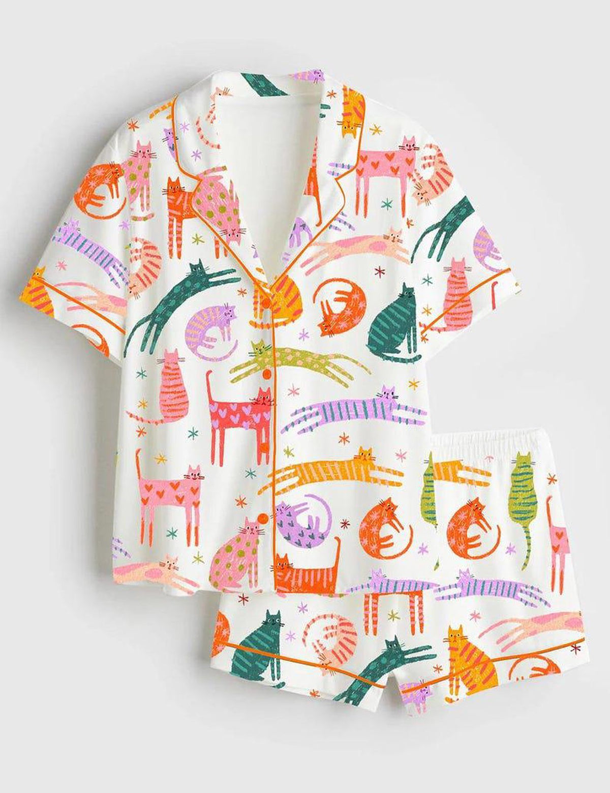 Colorful Cat Pajama Set Women Cute Cat Print Sleepwear