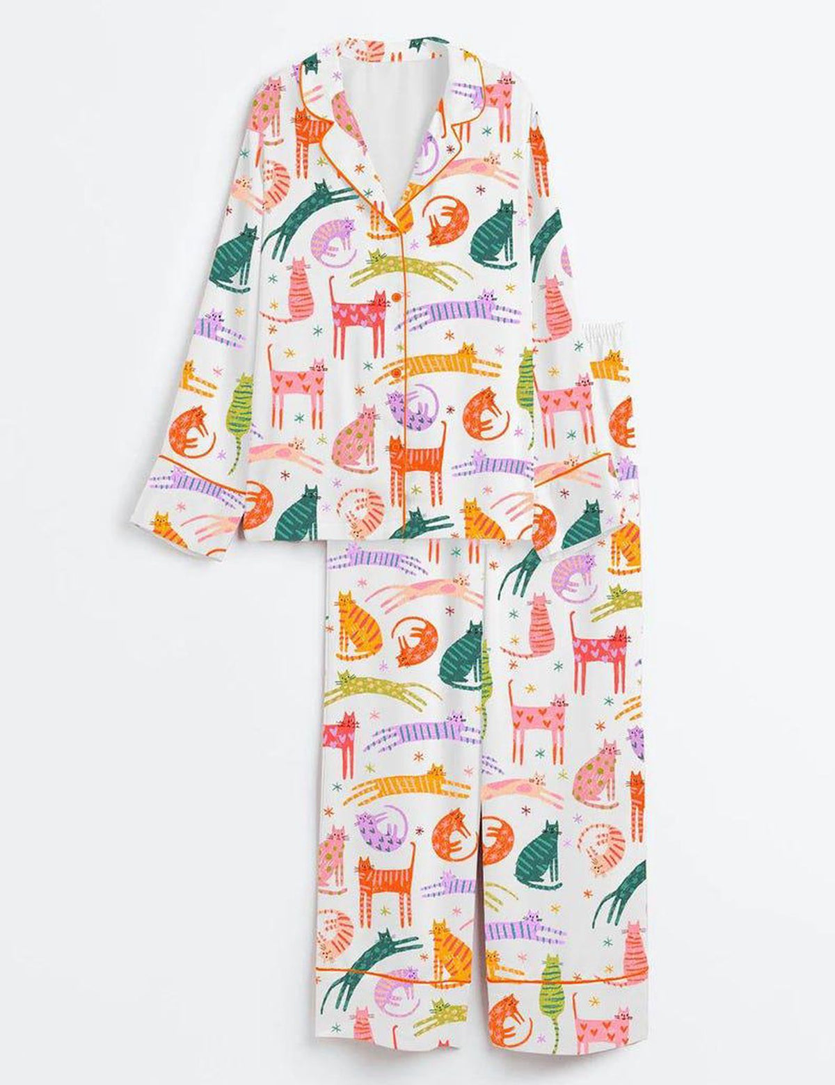 Colorful Cat Pajama Set Women Cute Cat Print Sleepwear
