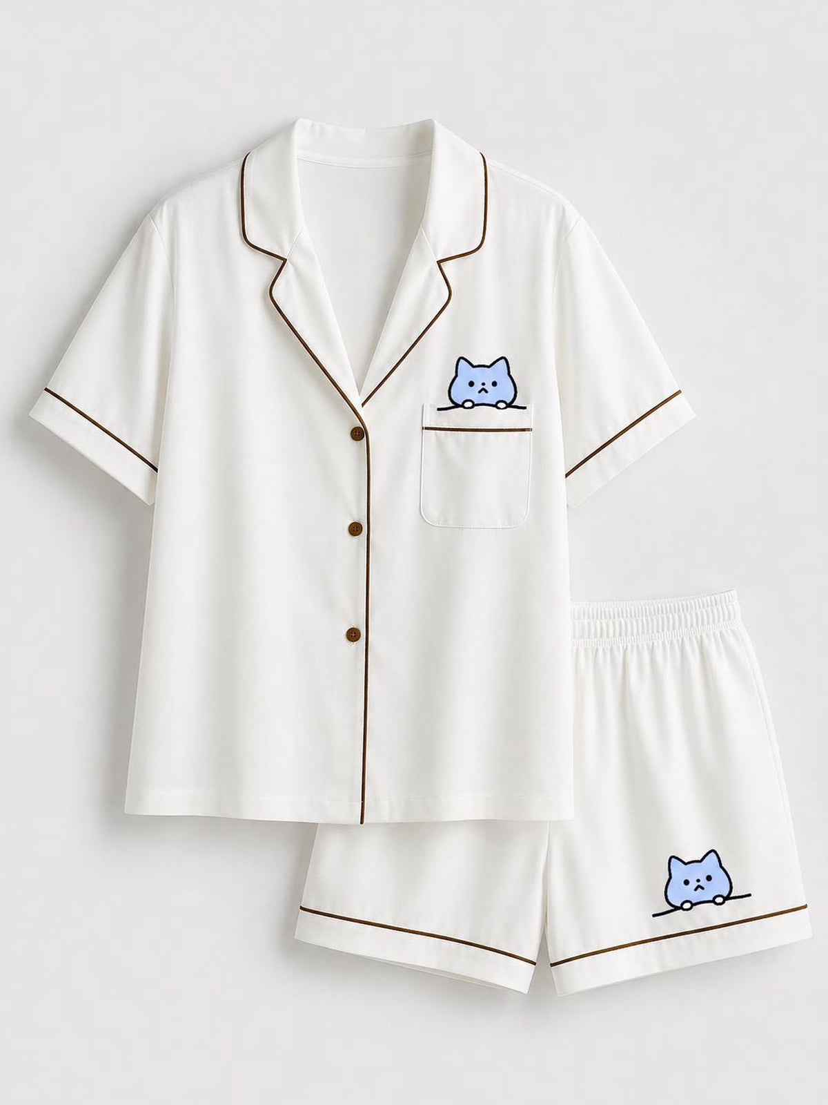Cat Pajama Set Women Pocket Sleepwear Cute Kitty Lover PJ