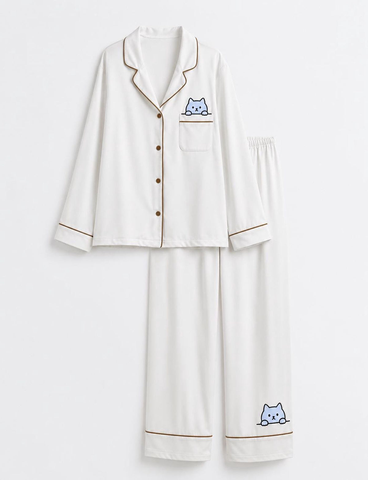 Cat Pajama Set Women Pocket Sleepwear Cute Kitty Lover PJ